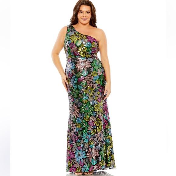 NWT Mac Duggal One Shoulder Sequin Floral 68545 Gown 14W - Picture 1 of 9